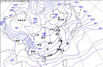 下图为2007年10月16日02点地面等压线分布图