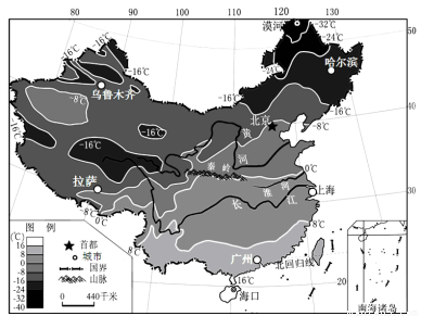 如图示意中国1月份平均气温分布图,读图完成下