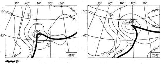 下图是某日08时和20时海平面气压分布图(单位