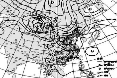 分地区海平面等压线分布图,图中G表示高气压中
