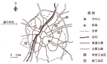 下图示意某城市交通、工业区的分布。读下图,