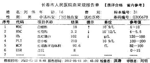 高原归来,下列哪一项可能是他的血常规化验结