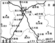 读图中江县局部地区示意图,完成1～3题.图片