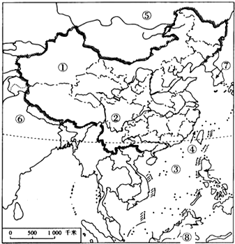 如图是中国空白政区图,读图回答下列问题:(1)我