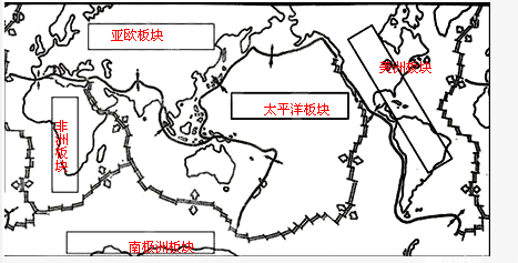 (4)所在的板块是,几乎全部位于海洋的板块是.