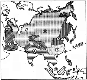 读亚洲气候类型分布图，回答问题。(12分)