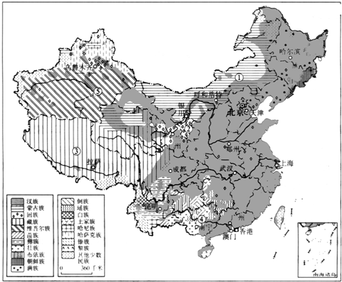 读中国民族分布图,回答:(1)图中我国少数民族