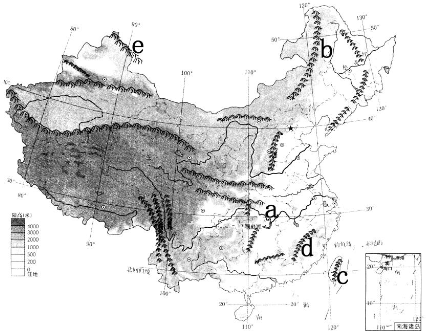 读中国山脉分布示意图和各类地形面积比例