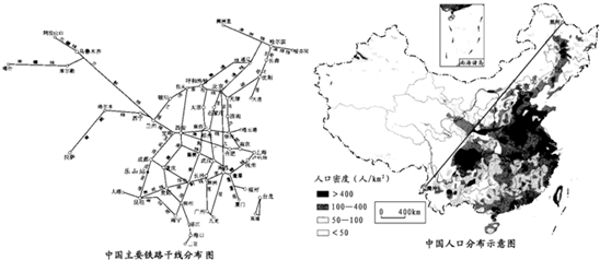 读下面中国主要铁路干线示意图和中国人口分布示意图,回答21-25题.图片