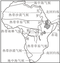 如图为非洲大陆气候与河流分布图,读图回答11-12题.