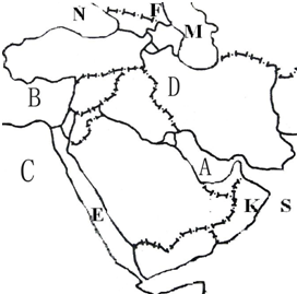 读中东地区略图,完成下列内容:(1)填出图中字