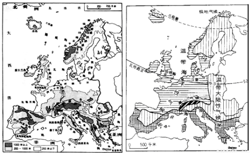 阅读材料,回答问题。(14分)材料一:欧洲西部地形和气候分布图材料二:英国大不列颠岛的年降水量和农业分布图。(1)欧洲西部的地形、地势有什么特点?(4分)(2)世界上其他地区的温带海洋性气候分布都很狭窄,只有欧洲西部深入大陆内部很远的距离。请结合材料一说明欧洲西部温带海洋性气候深入大陆很远距离的原因。(4分)(3)英国大不列颠岛的降水分布有什么特点?导致这种分布的主导因素是什么?(2分)(4)英国大不列颠岛是典型的温带海洋性气候,最适于发展乳畜业,但该岛的东南部却发展了小麦种植。试结合材料一、二,说明小麦种植区布局的合理性。(4分)-乐乐题库