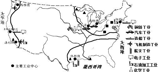 读美国本土的工业分布图,回答8-14题.