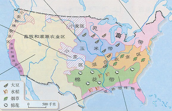 美国主要农产品和农业带的分布知识点 "写出美国农业带名称:①____;②