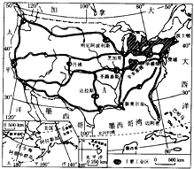 读美国本土图回答下列问题.(1)图中字母代表
