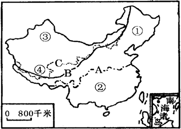 下图中A、B、C分别代表我国三条重要的自然