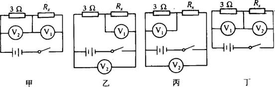 经过分析,习题(2000山西)某同学利用一个电池组、两个电压表、一个阻值为3欧的电阻器和几根导线,来测量未知电阻RX的阻值.该同学设计好电路并正确操作后,电压表V1、V2的指针指示情况如图所示.在你不知道电压表如何接入电路的情况下,请判断未知电阻RX的阻值可能为____欧、____欧、____欧、或____欧..