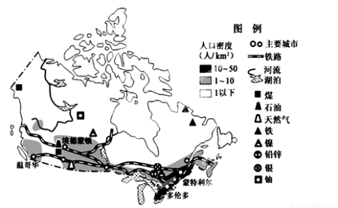 下图是加拿大人口、矿产等分布示意图。读图回