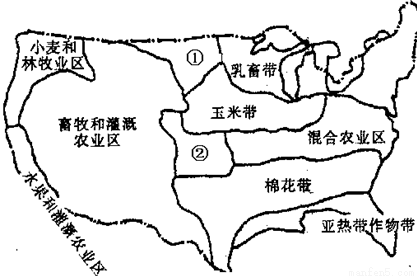 下图为美国和我国东北部农作物分布图,读图并