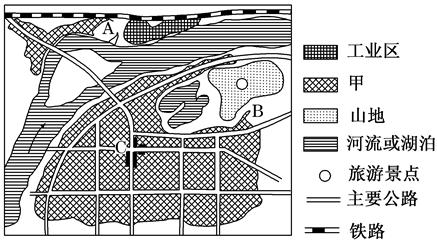 根据所学城市地域功能分区的知识,读图回答有