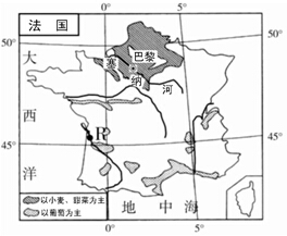 读下图法国部分农作物分布图,回答下列问题。
