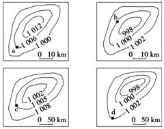 甲、乙两图分别为同一地区不同时间的等压线示