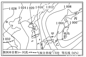 下图为我国某日海平面气压(hPa)分布示意图(局