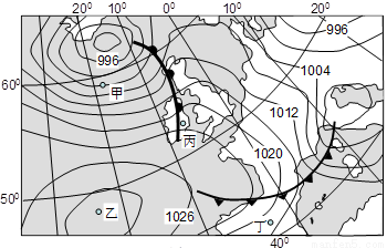 下图为某日某时刻欧洲西部部分地区海平面等压