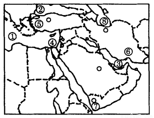 读中东地区图,回答问题(12分)⑴、图中沟通①