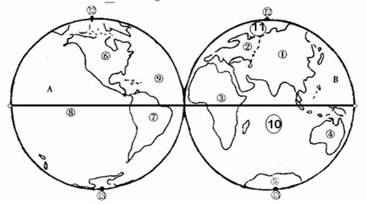 读东,西半球海陆分布图,回答下列问题(12分)