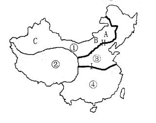 (8分)读左图"我国四大地理区域示意图"及右图 "气温曲线和降水柱状图"